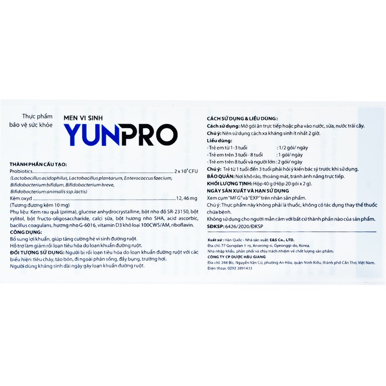 Men vi sinh Yunpro 2g DHG Pharma cân bằng hệ vi sinh đường ruột, giảm rối loạn tiêu hóa (20 gói)
