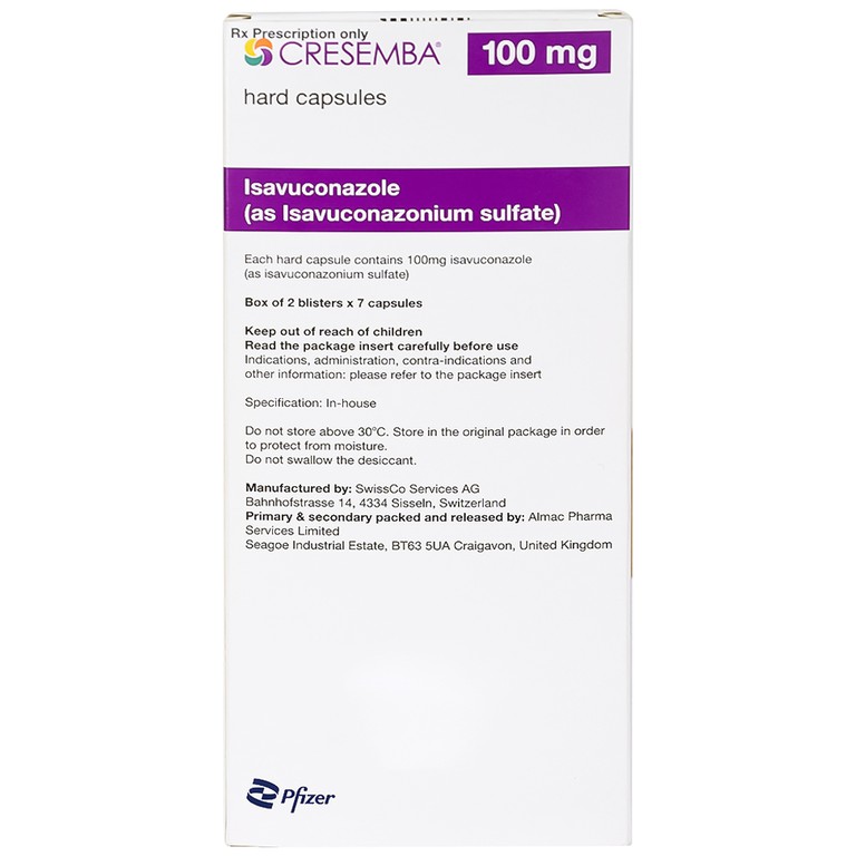 Thuốc Cresemba 100mg Pfizer điều trị nhiễm nấm Aspergillus xâm lấn và nhiễm nấm Mucorales (2 vỉ x 7 viên)