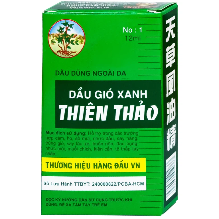 Dầu gió xanh Thiên Thảo 12ml Trường Sơn dùng hỗ trợ trong trường hợp cảm, ho, sổ mũi, nhức đầu (12 chai)