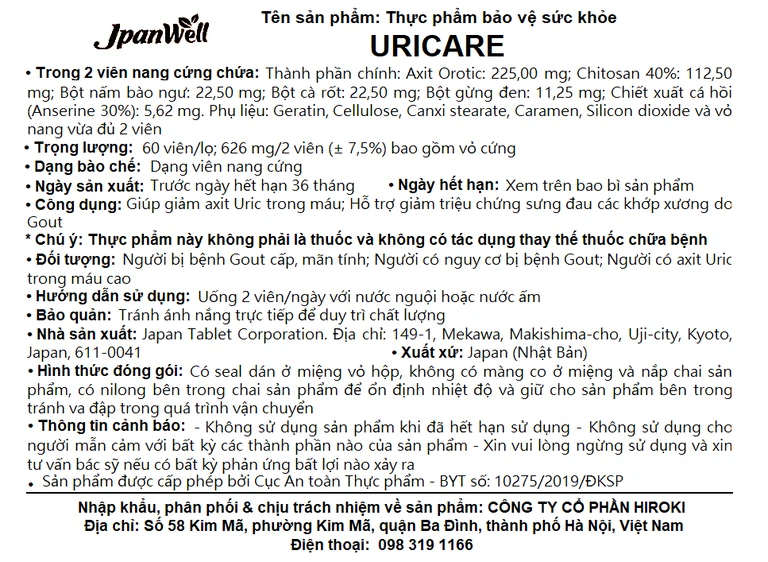 Viên uống Uricare Jpanwell giúp giảm axit uric trong máu (60 viên)