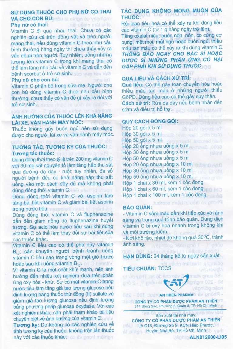 Siro A.T Ascorbic An Thiên bổ sung vitamin C, phòng và điều trị bệnh scorbut (30 ống x 10ml)