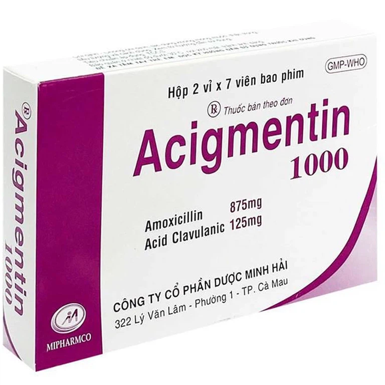 Thuốc Acigmentin 1000 Minh Hải điều trị nhiễm khuẩn gram dương và gram âm (2 vỉ x 7 viên)