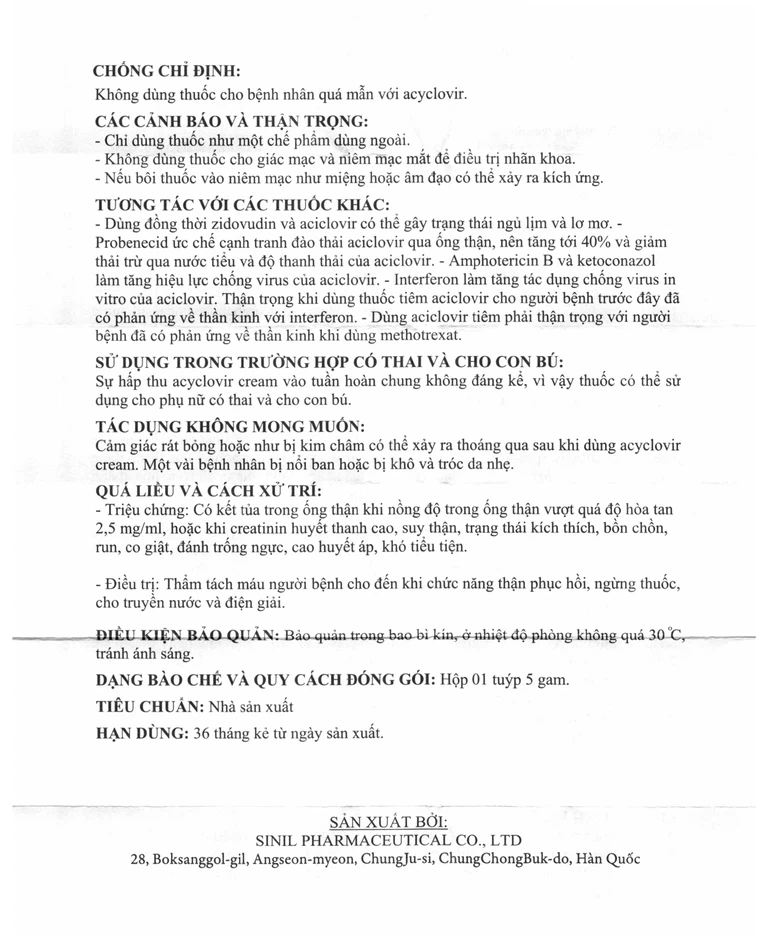 Kem bôi da Acyclovir Sinil điều trị nhiễm virus Herpes simplex (5g)