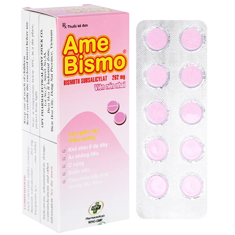 Thuốc Ame Bismo 262mg OPV giảm khó chịu ở dạ dày, ăn không tiêu, ợ nóng (6 vỉ x 10 viên)