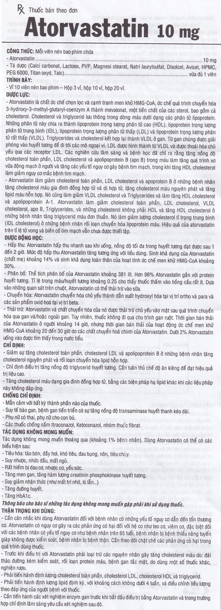 Thuốc Atorvastatin 10mg TV.Pharm điều trị tăng cholesterol toàn phần, LDL-cholesterol (3 vỉ x 10 viên)