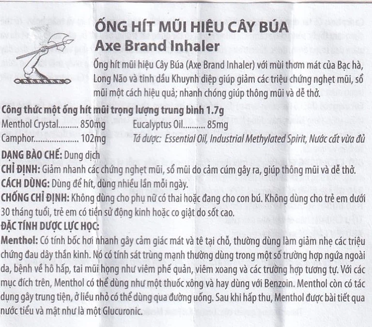  Ống hít mũi hiệu Cây Búa Axe Brand Inhaler Leung Kai Fook điều trị ngạt mũi, cảm cúm (6 ống x 1.7g)