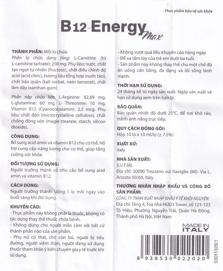 Dung dịch uống B12 Energy Max Italy bổ sung acid amin và vitamin B12 cho cơ thể (10 lọ x 10ml)