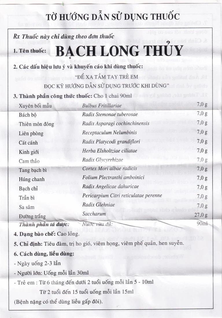 Cao lỏng Bạch Long Thủy điều trị ho, hen suyễn (90ml)