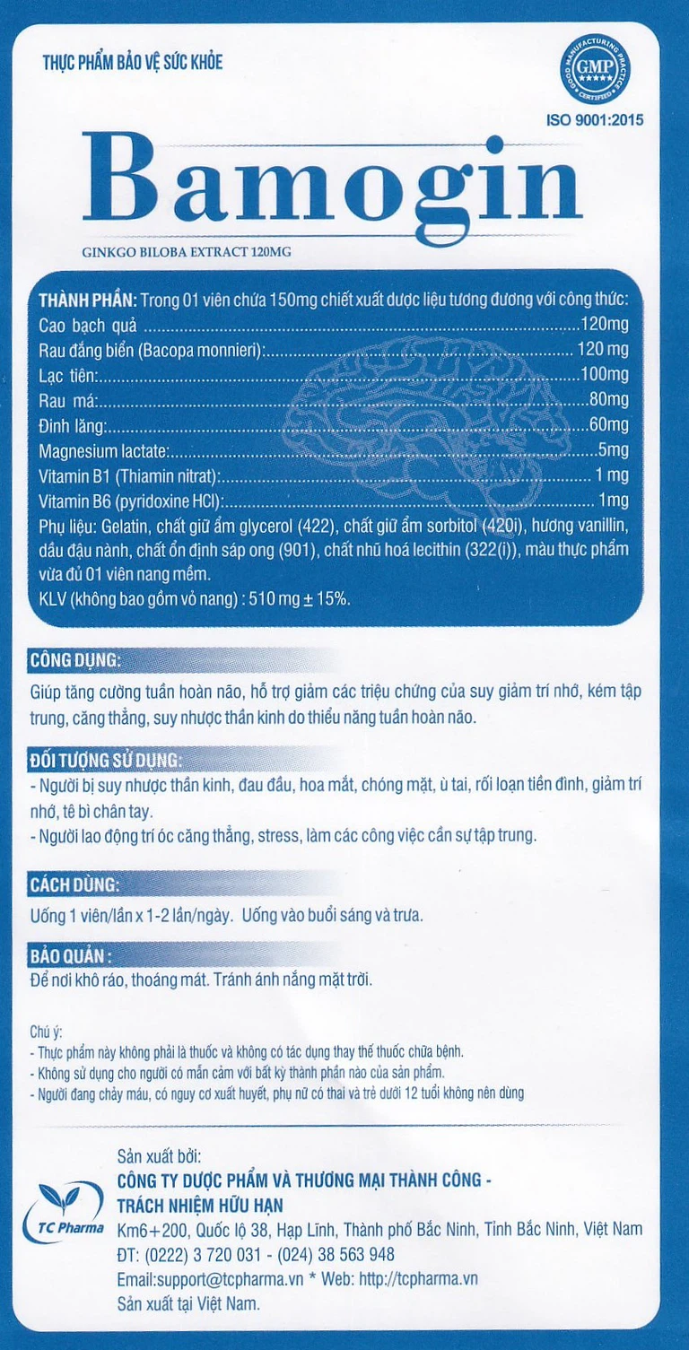 Viên uống Bamogin Thành Công tăng cường tuần hoàn não, cải thiện trí nhớ (6 vỉ x 10 viên)