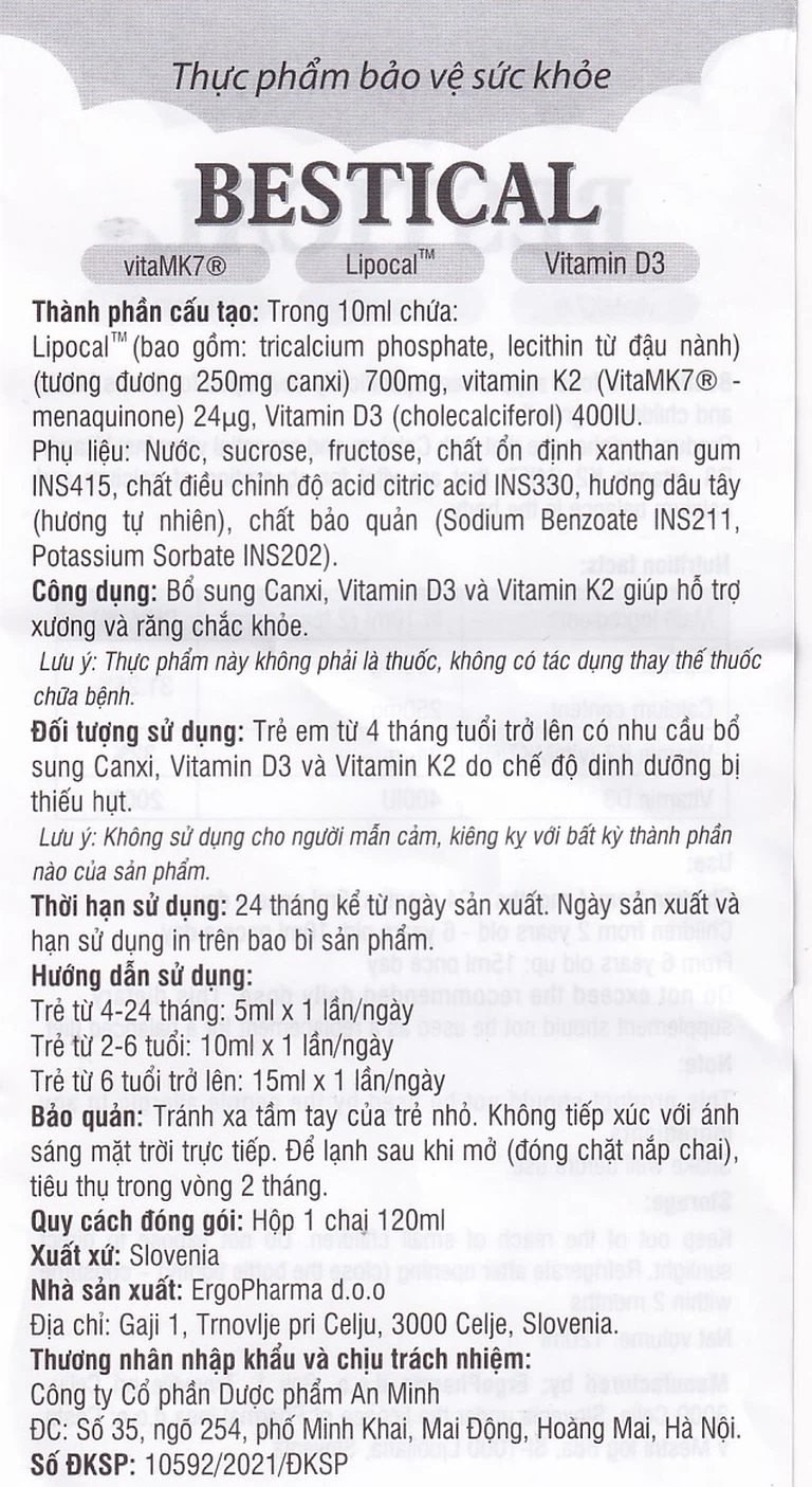 Dung dịch Bestical 120ml Ergo Pharma bổ sung canxi, vitamin D3 và vitamin K2