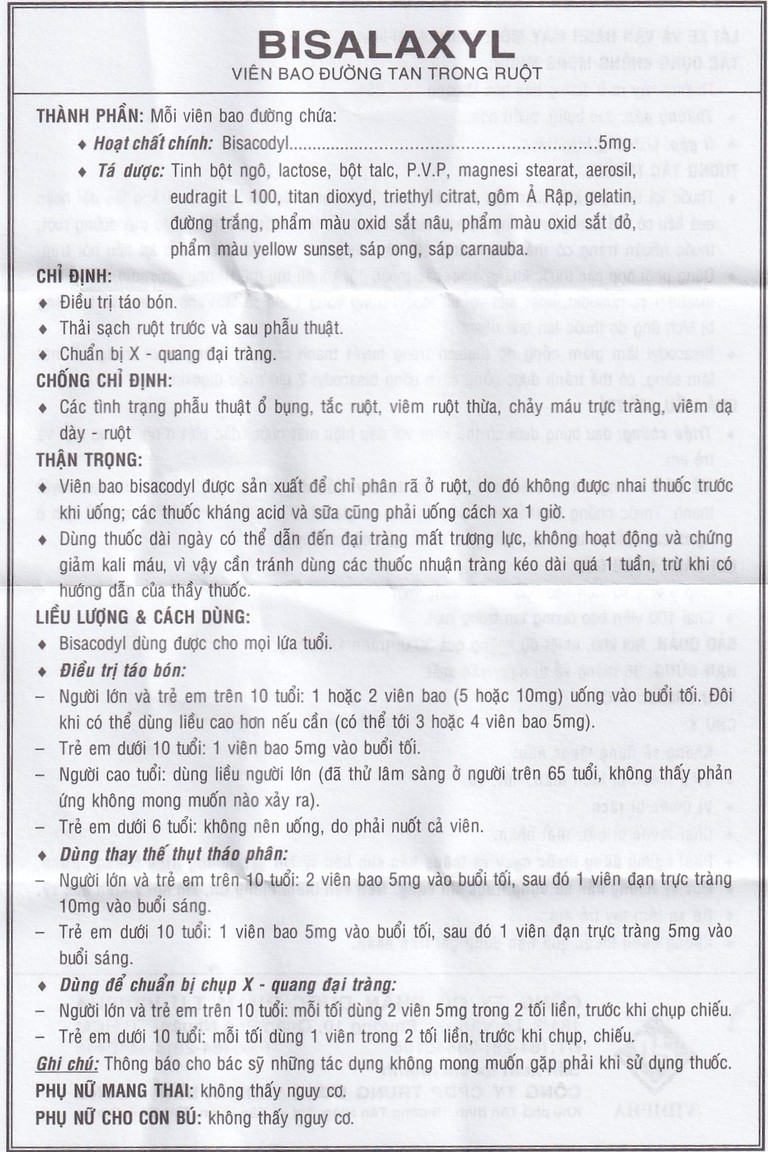 Thuốc Bisalaxyl Vidipha điều trị táo bón (5 vỉ x 10 viên)