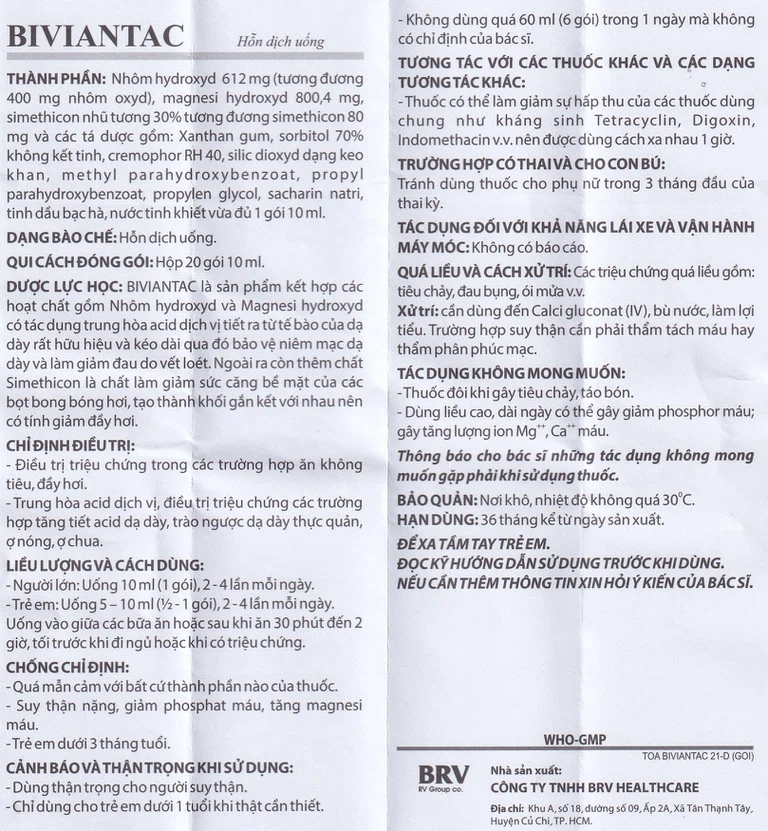 Hỗn dịch uống Biviantac BRV điều trị triệu chứng ăn không tiêu, đầy hơi (20 gói x 10 ml)