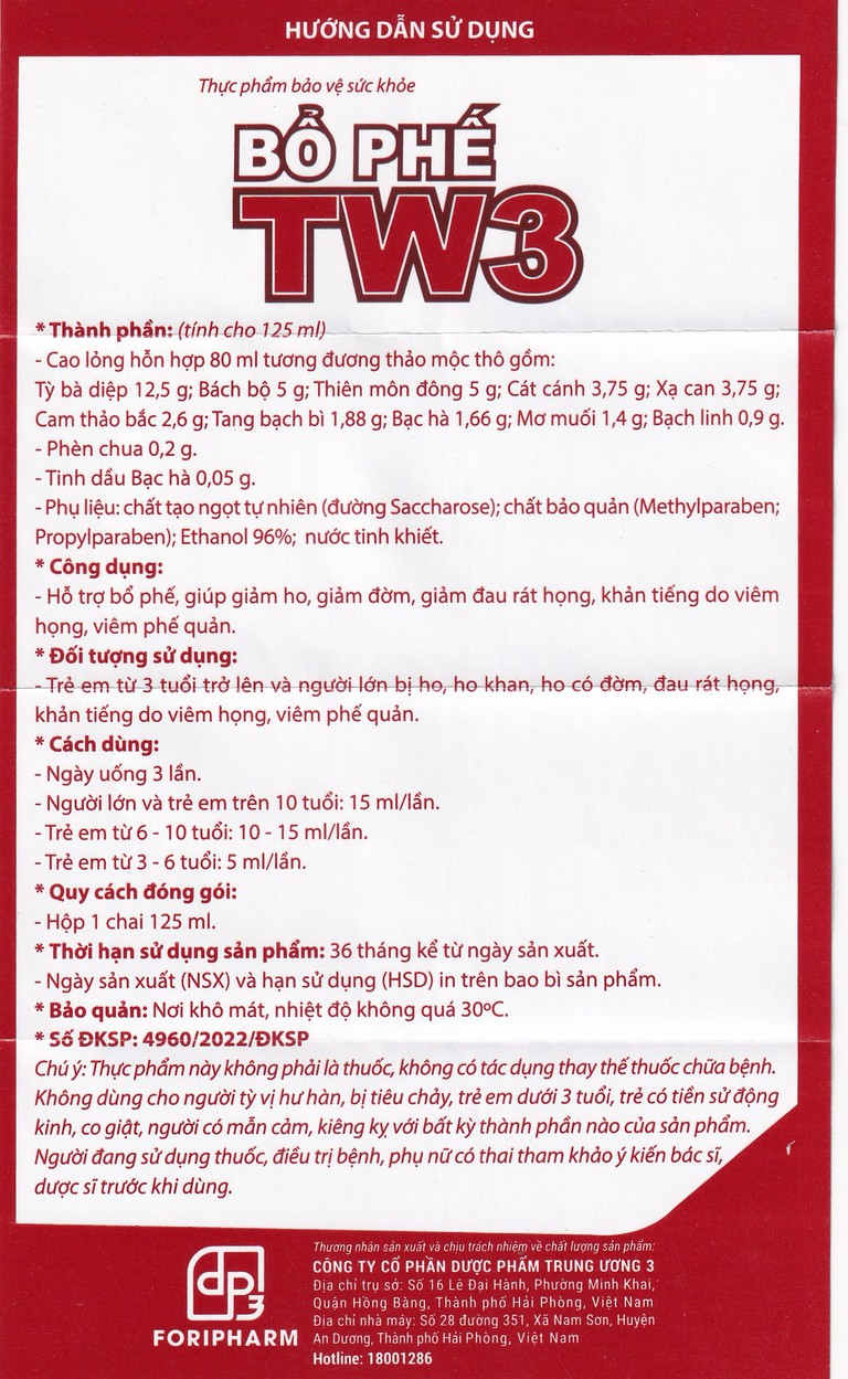 Cao lỏng Bổ Phế TW3 hỗ trợ giảm ho, giảm đờm, giảm đau rát họng, viêm phế quản (125ml)