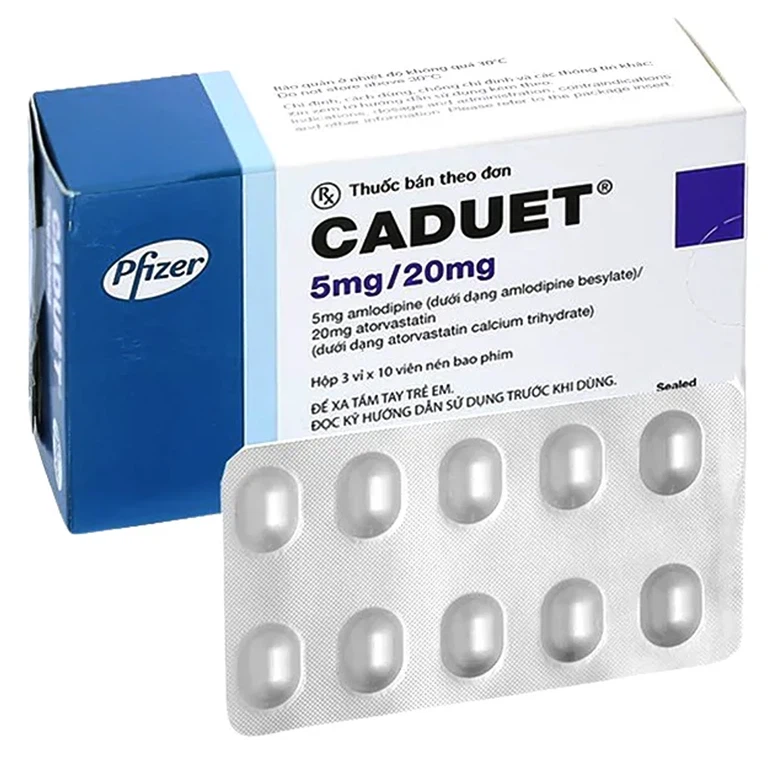 Thuốc Caduet 5mg/20mg Pfizer điều trị tăng huyết áp, rối loạn mỡ máu (3 vỉ x 10 viên)