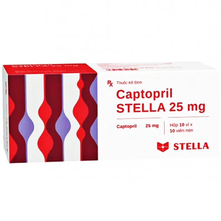 Thuốc Captopril STELLA 25 mg điều trị tăng huyết áp, suy tim sung huyết, nhồi máu cơ tim (10 vỉ x 10 viên)