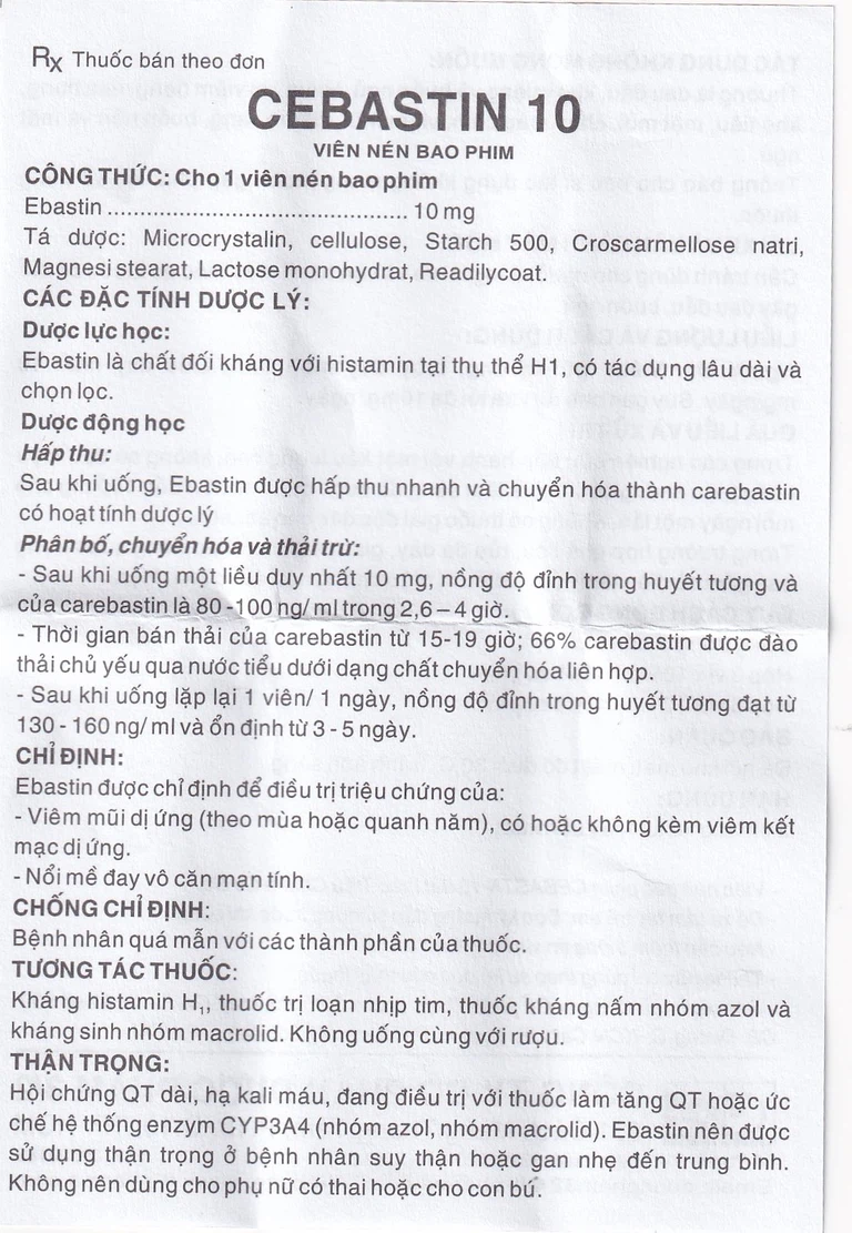 Thuốc Cebastin10 Dược 3-2 điều trị viêm mũi dị ứng, mày đay (3 vỉ x 10 viên) 