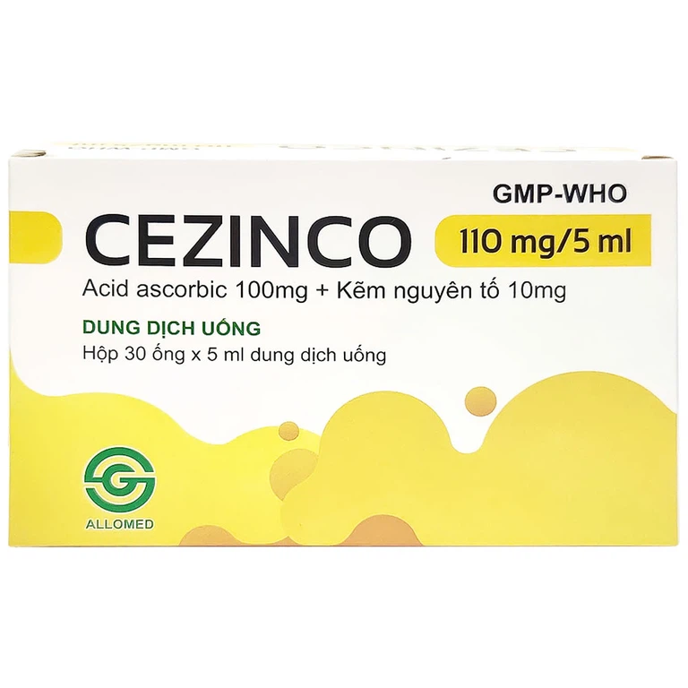 Dung dịch uống Cezinco 110mg/5ml Allomed phòng ngừa và điều trị thiếu vitamin C, thiếu kẽm (30 ống)