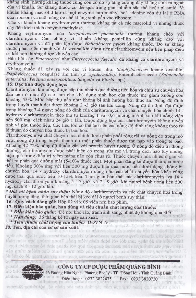 Thuốc Clarithromycin 500mg Quapharco điều trị nhiễm khuẩn đường hô hấp (2 vỉ x 5 viên)