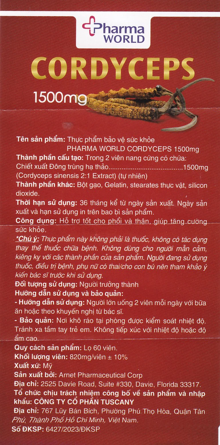 Viên uống Đông Trùng Hạ Thảo Pharma World Cordyceps 1500mg hỗ trợ tốt cho phổi và thận (60 viên)