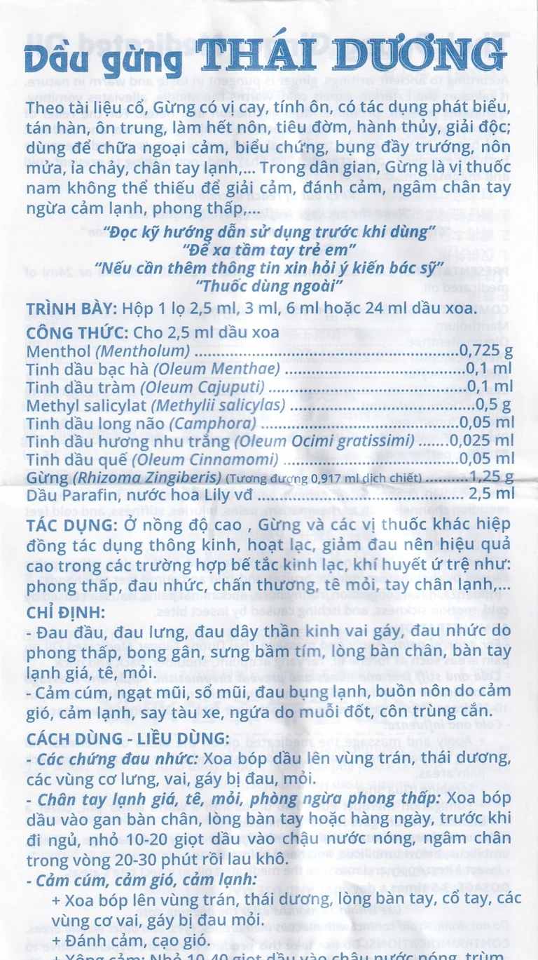 Dầu gừng Thái Dương điều trị đau đầu, đau lưng, đau dây thần kinh vai gáy (24ml)