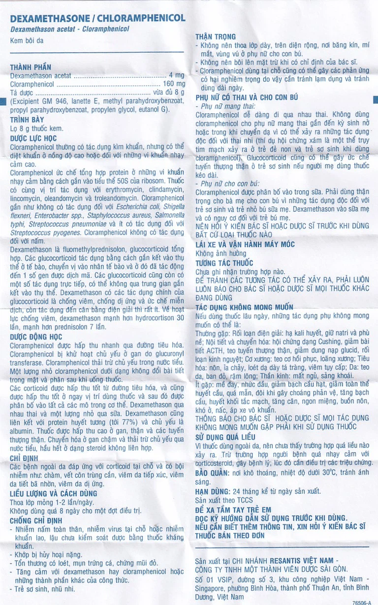 Kem bôi da Dexamethasone/Chloramphenicol điều trị chàm, vết côn trùng cắn, viêm da tiếp xúc (8g)