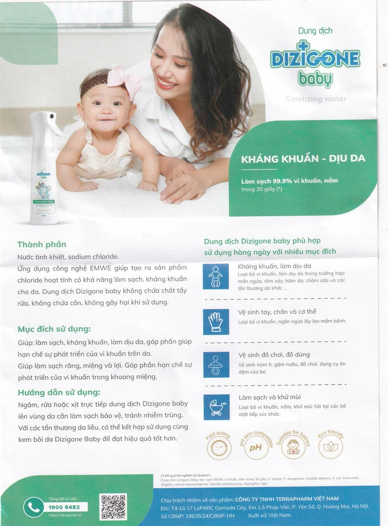 Dung dịch Dizigone Baby Sanitizing Water Terrapharm giúp làm sạch, kháng khuẩn, làm dịu da (300ml)