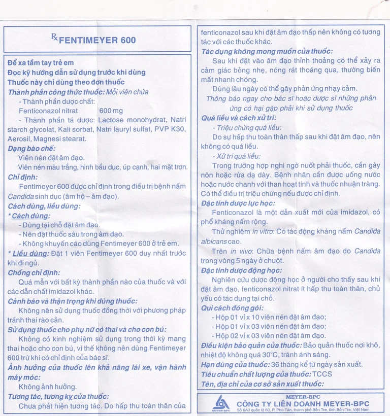 Viên đặt âm đạo Fentimeyer 600 Meyer-BPC điều trị bệnh nấm Candida sinh dục (1 vỉ x 3 viên)
