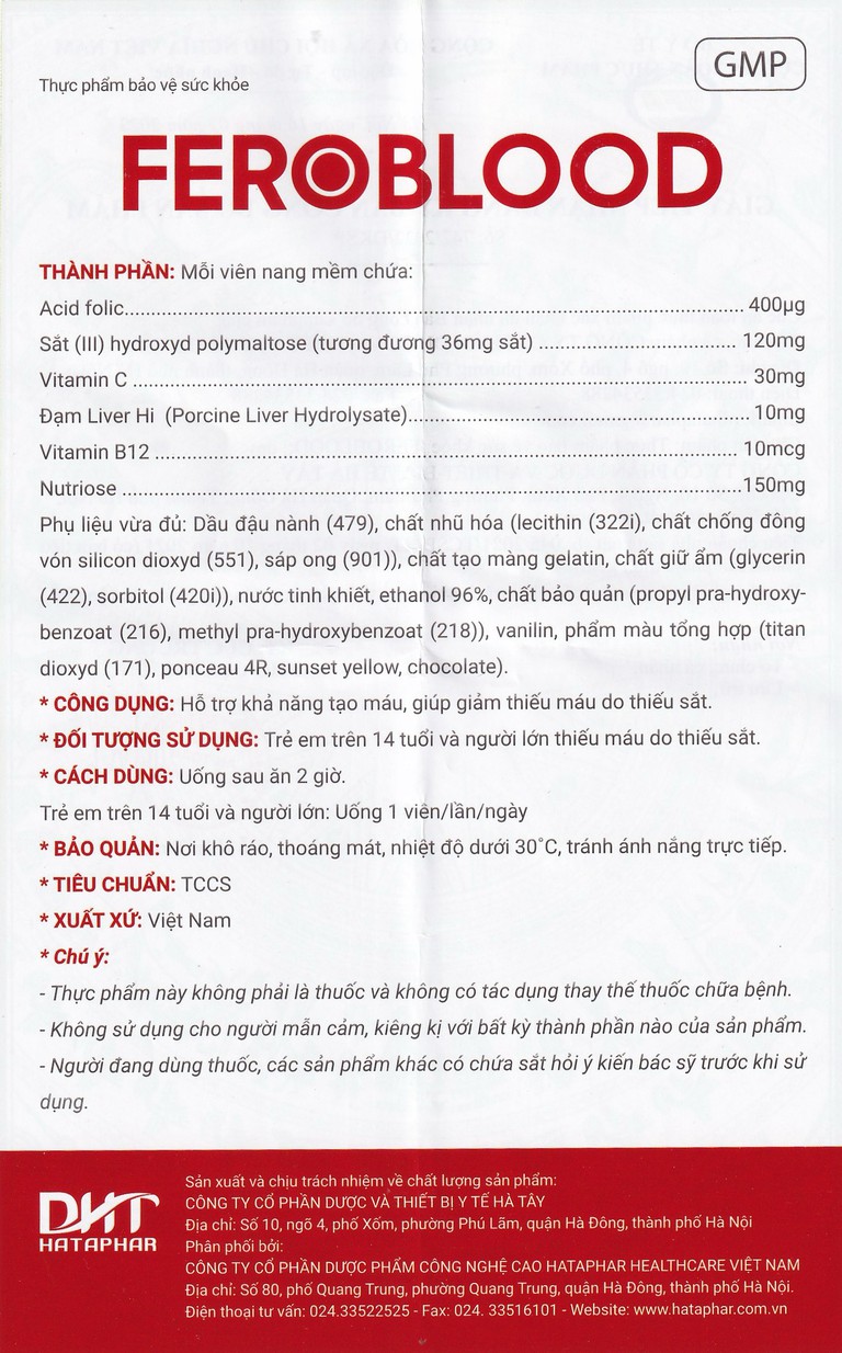 Viên uống Feroblood Hataphar hỗ trợ khả năng tạo máu, giúp giảm thiếu máu do thiếu sắt (3 vỉ x 10 viên)