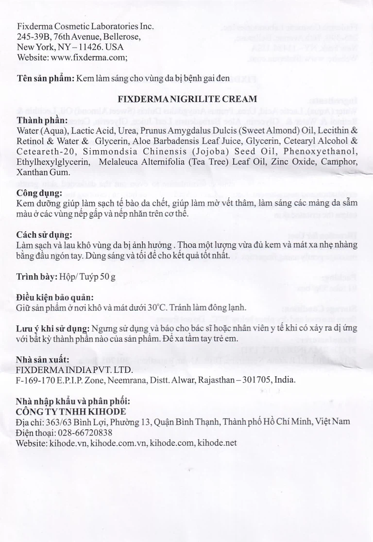 Kem dưỡng làm mờ vết thâm trên cơ thể Fixderma Nigrilite Cream 50g