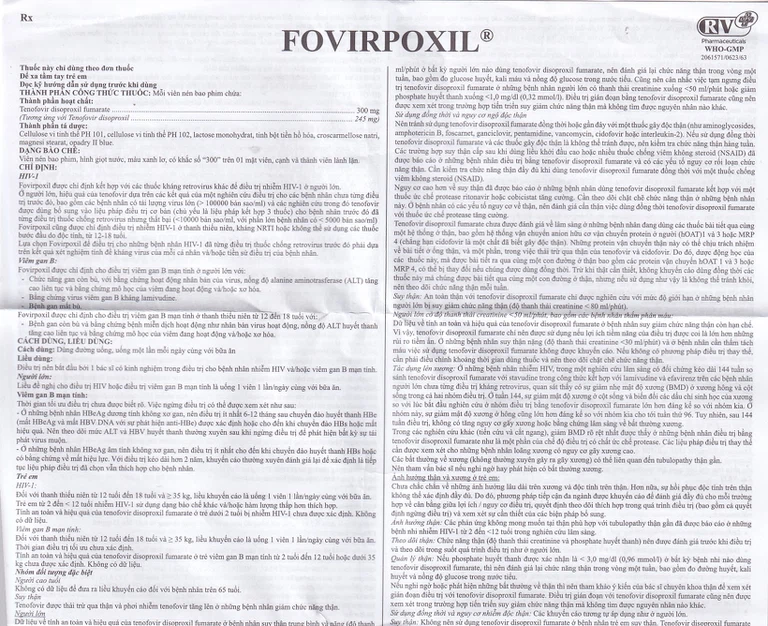 Thuốc Fovirpoxil Opv Tenofovir disoproxil fumarate điều trị viêm gan B, HIV-1 (3 vỉ x 10 viên)