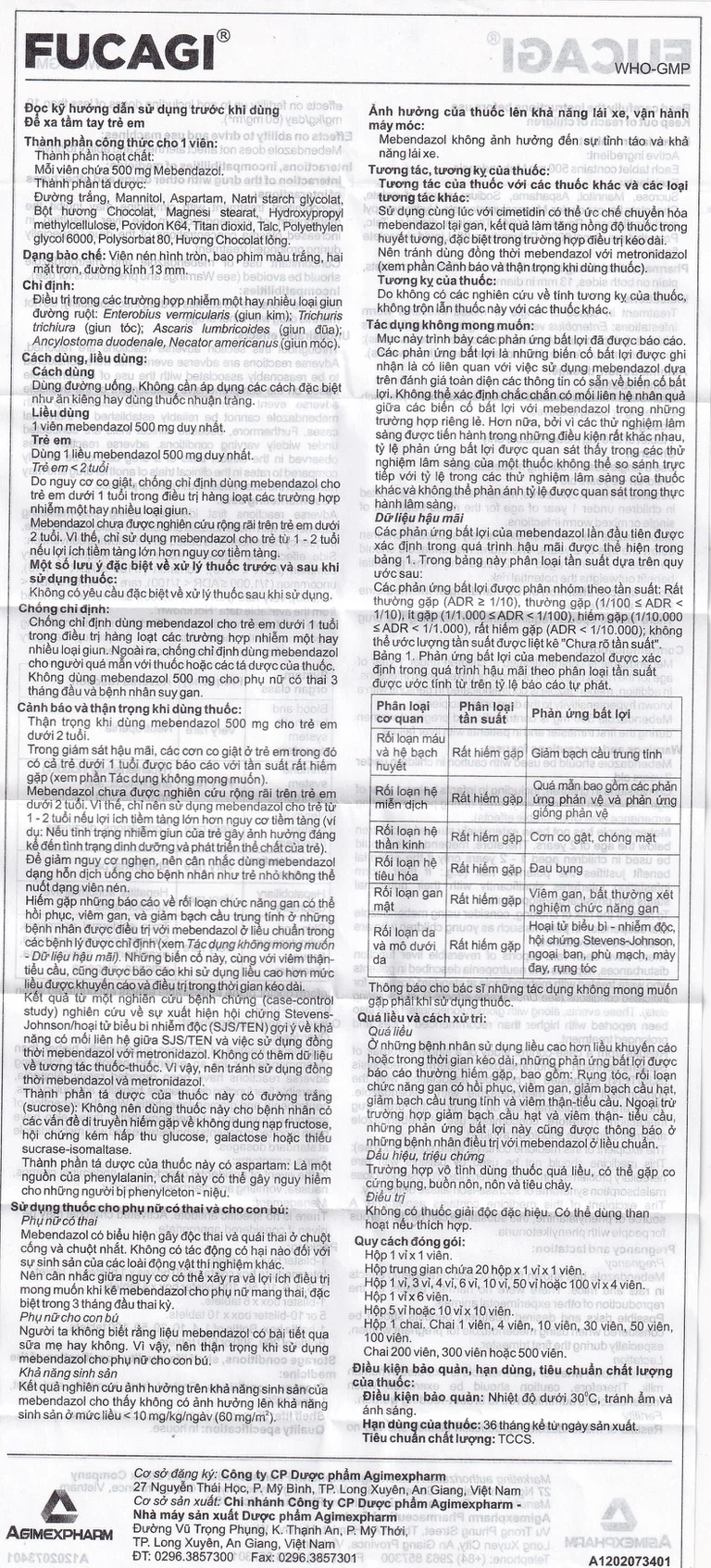 Thuốc Fucagi 500mg Agimexpharm điều trị nhiễm một hoặc nhiều loại giun đường ruột (1 viên)