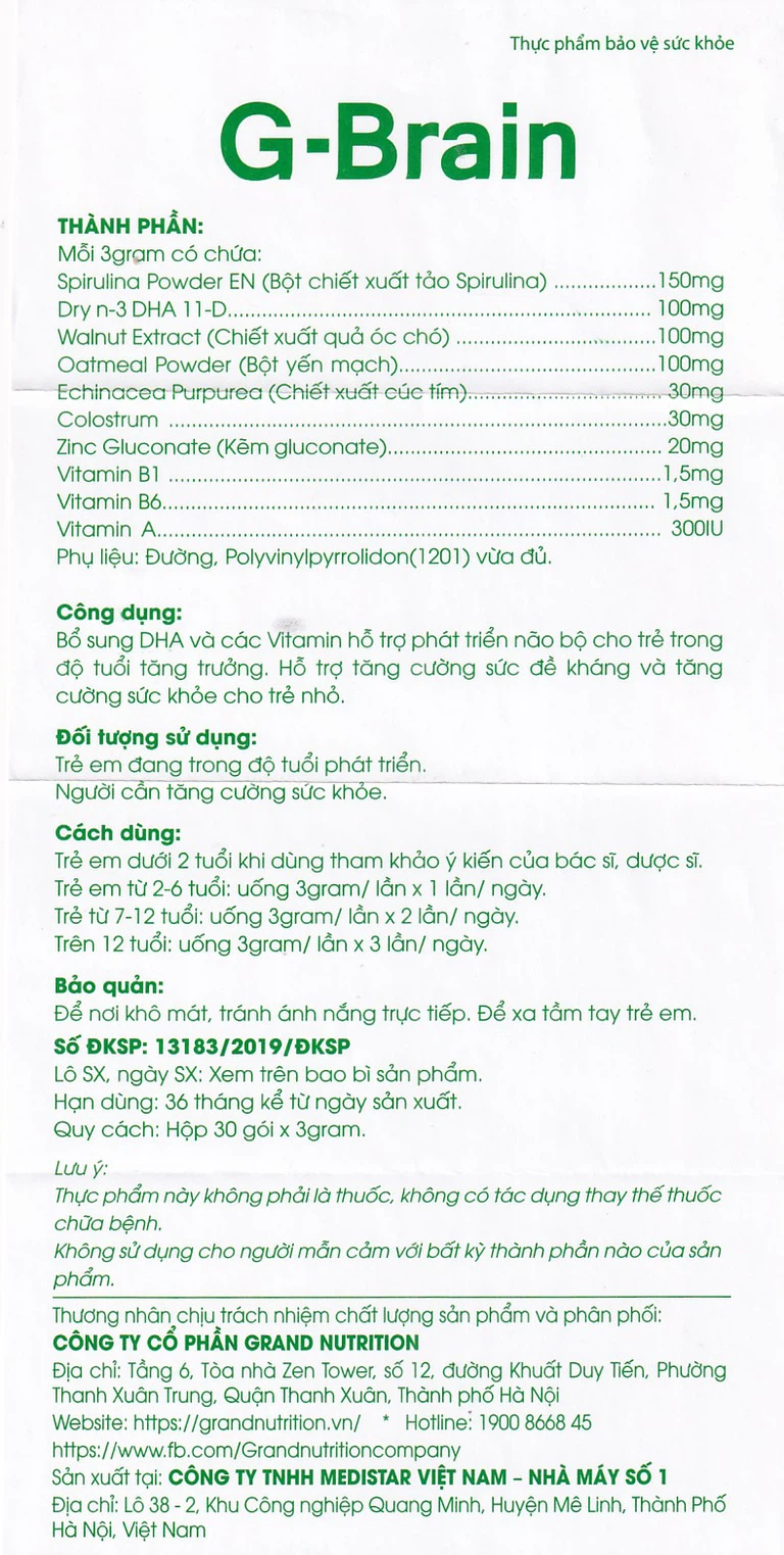 Cốm Trí Não G-Brain 3g Grand Nutrition bổ sung DHA và các vitamin hỗ trợ phát triển não bộ cho trẻ (30 gói)