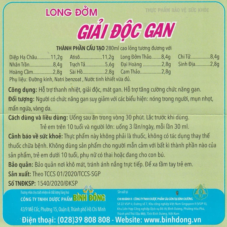 Cao lỏng Long Đởm Giải Độc Gan Bình Đông 280ml hỗ trợ thanh nhiệt, mát gan 