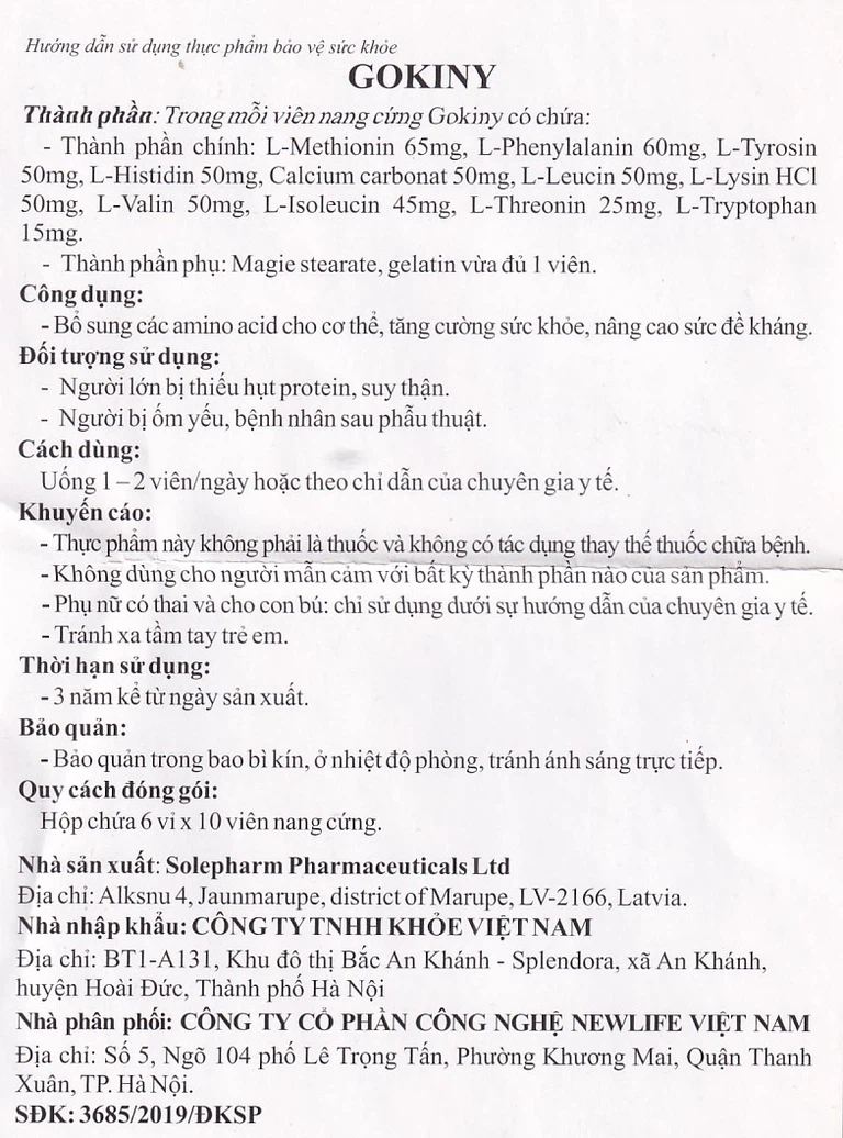 Viên uống Gokiny Solé Pharm bổ sung các amino acid cho cơ thể, tăng cường sức khỏe (6 vỉ x 10 viên)