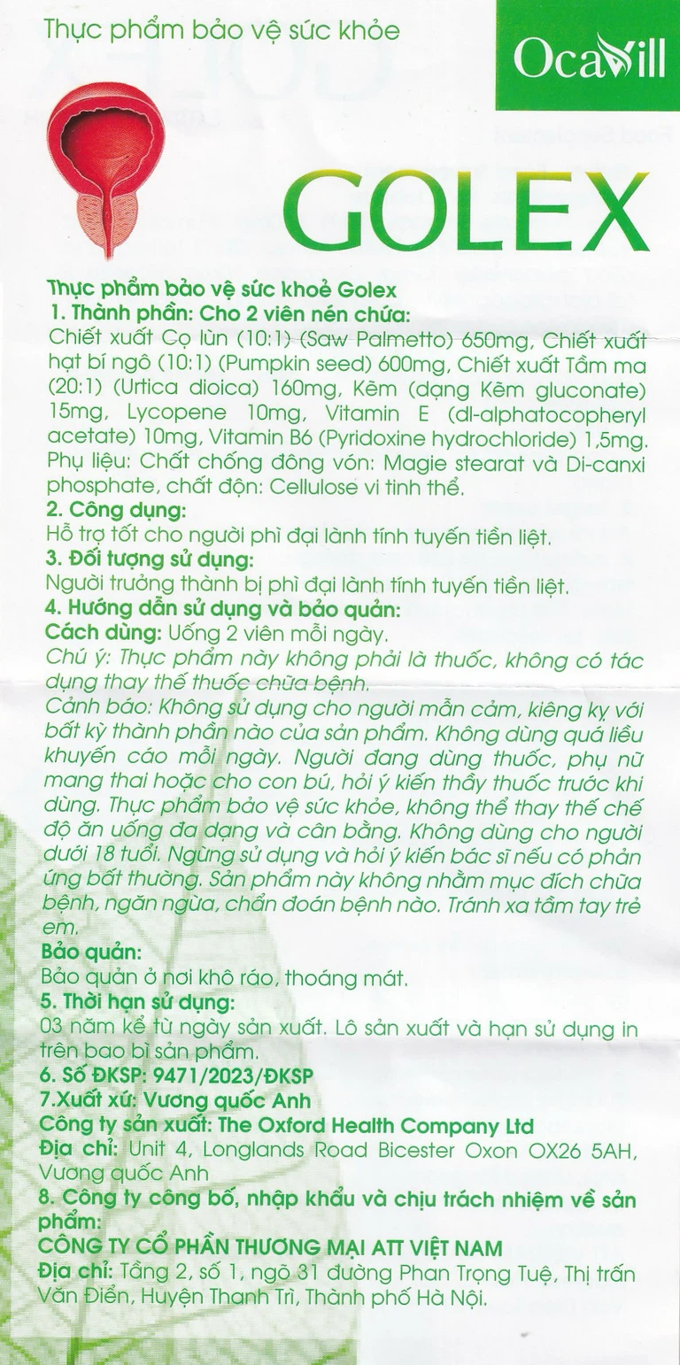 Viên uống Golex Ocavill hỗ trợ chống lại sự phình to của tuyến tiền liệt, cải thiện các rối loạn tiểu tiện (30 viên)