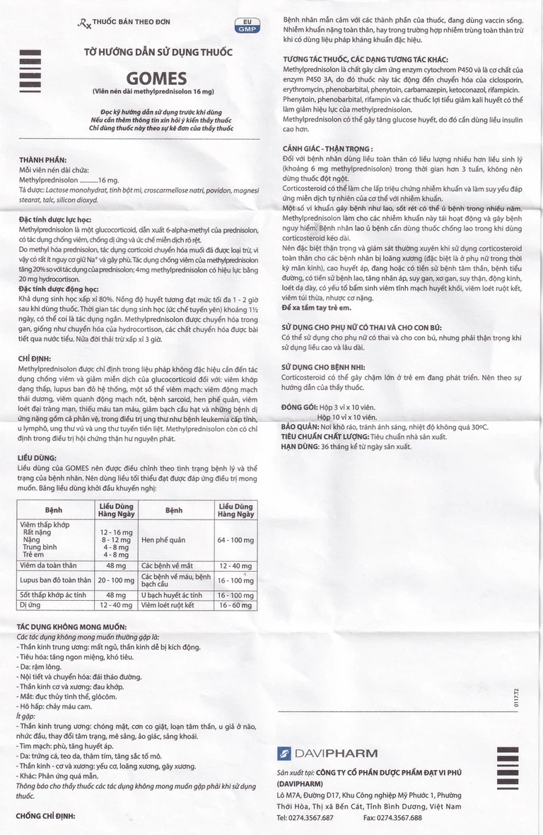 Thuốc Gomes 16mg Davipharm kháng viêm, điều trị viêm khớp dạng thấp, lupus ban đỏ hệ thống (3 vỉ x 10 viên)