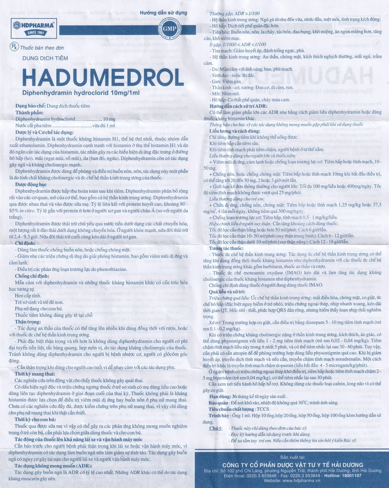 Thuốc Hadumedrol 100mg/ml Hdpharma giúp chống buồn nôn hoặc chóng mặt (100 ống x 1ml)