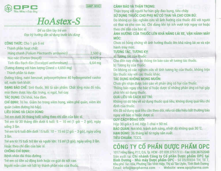 Siro HoAstex 90ml OPC dùng trị ho, giảm ho trong viêm họng, viêm phế quản