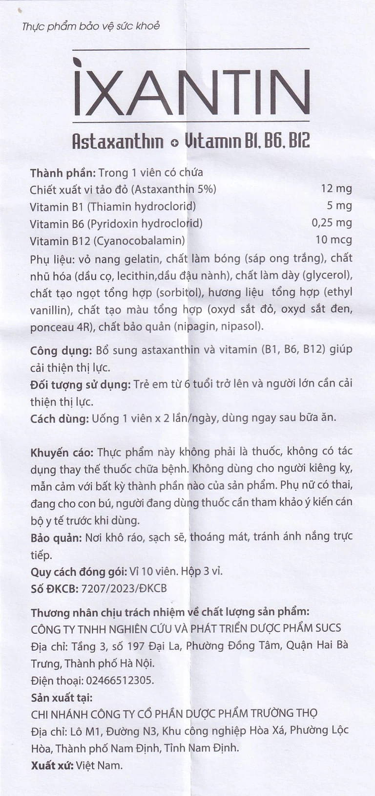 Viên uống Ixantin Sucs bổ sung astaxanthin và vitamin B1, B6, B12 giúp cải thiện thị lực (3 vỉ x 10 viên)