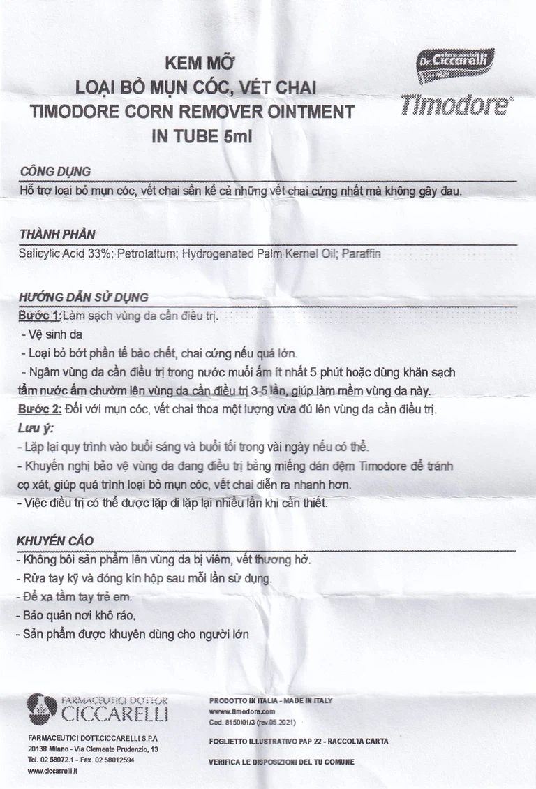 Thuốc mỡ Timodore Pomata Callifugo Ciccarell trị mụn cóc, vết chai (5ml)