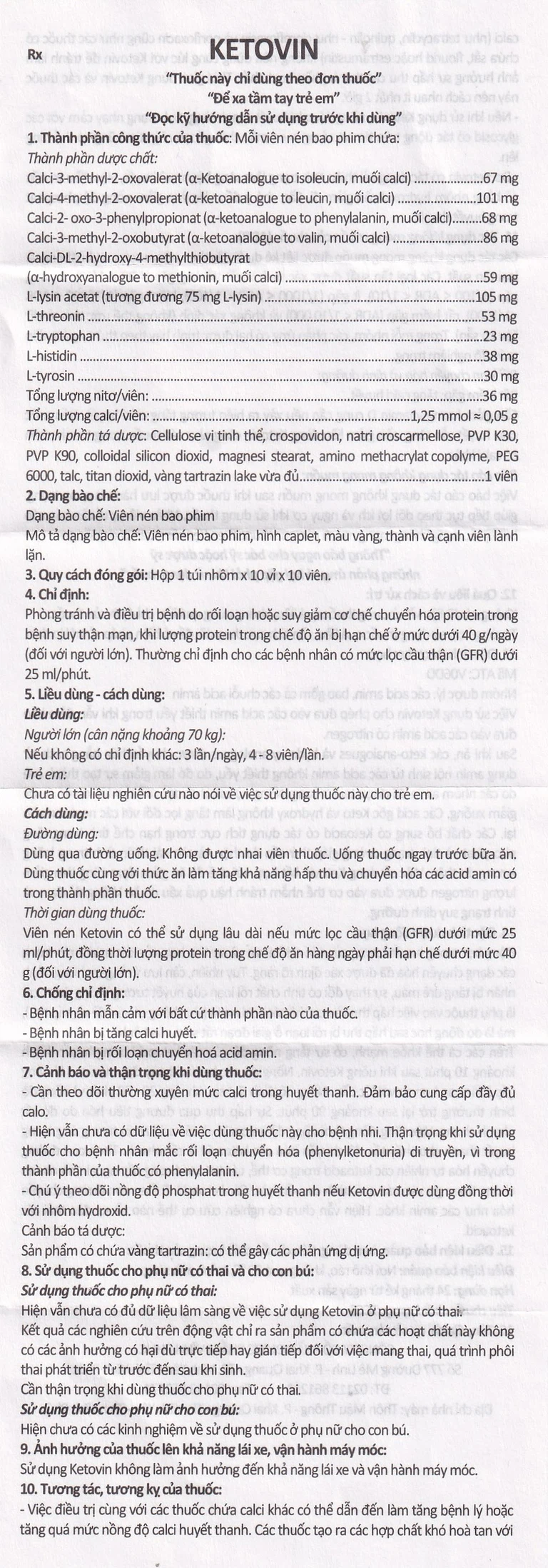 Thuốc Ketovin Vinphaco phòng ngừa và điều trị rối loạn chuyển hóa protein trong suy thận mạn (10 vỉ x 10 viên)