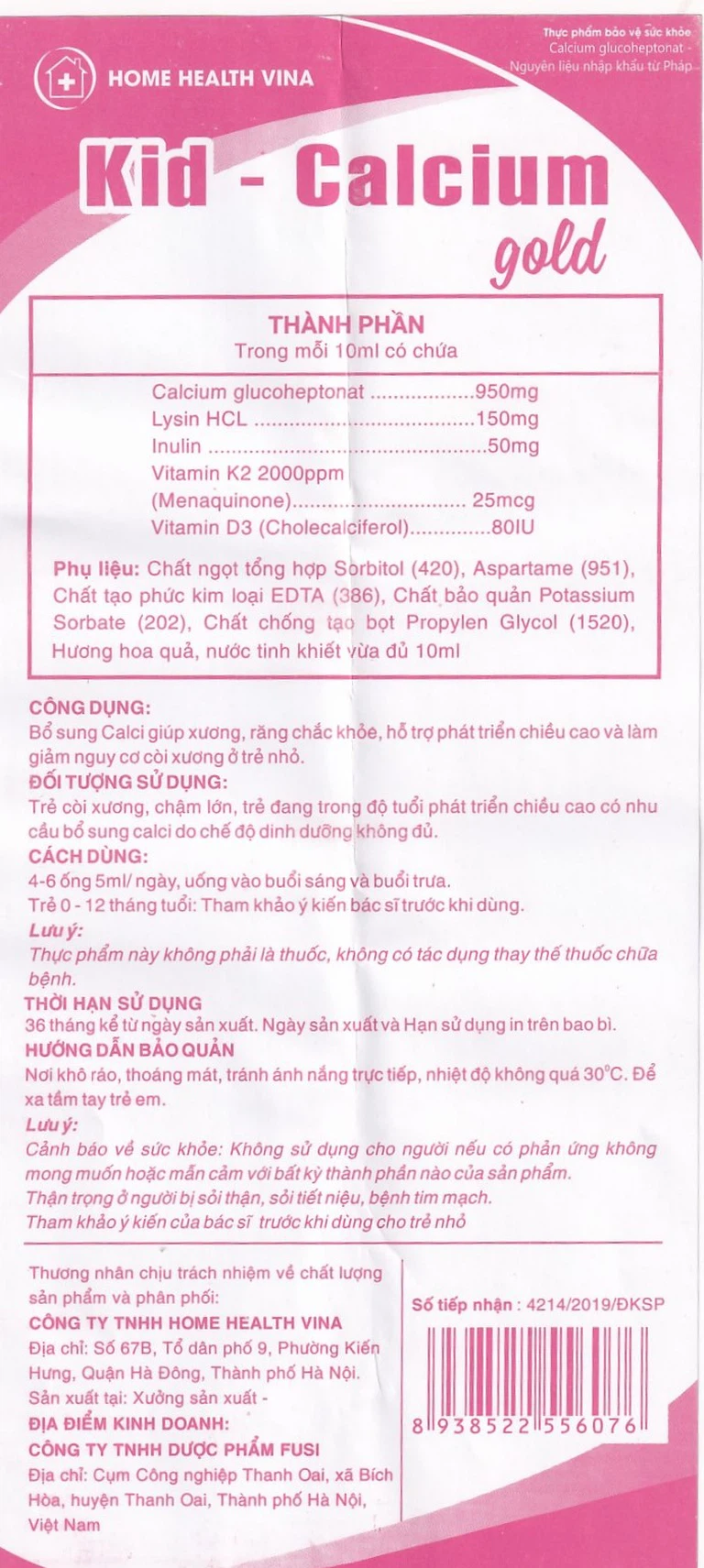 Dung dịch uống Kid-Calcium Gold 5ml Home Health Vina bổ sung calci giúp xương, răng chắc khỏe (4 vỉ x 5 ống)