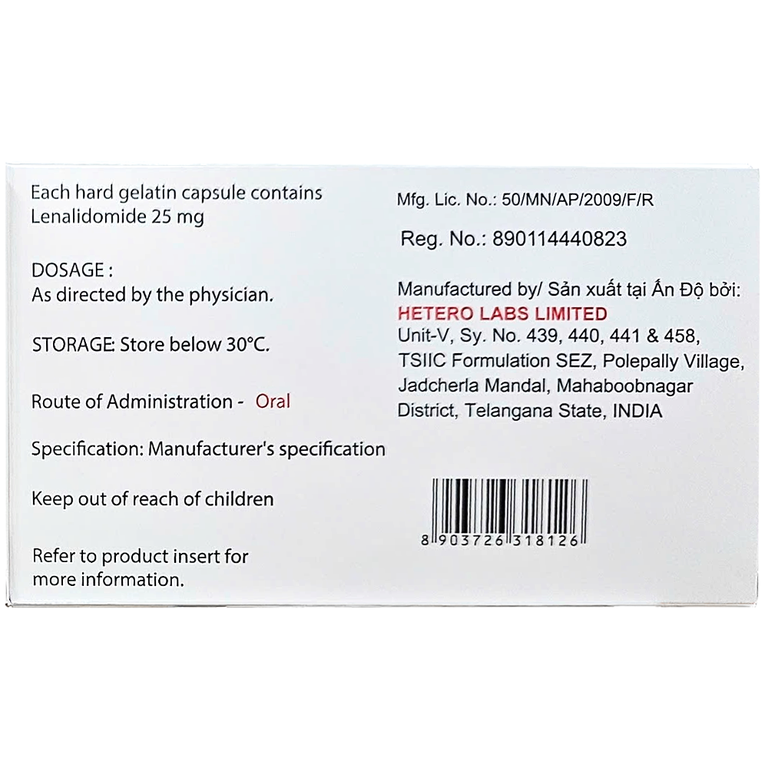 Thuốc Lenalidomide Capsules 25mg Hetero điều trị ung thư (3 vỉ x 10 viên)