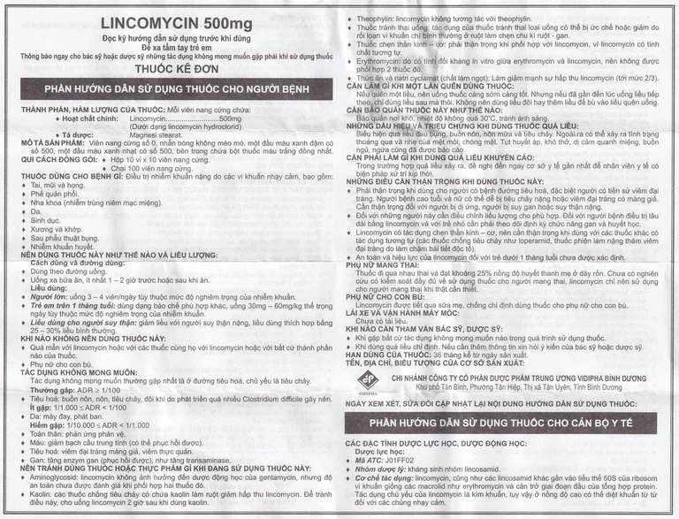 Thuốc Lincomycin 500mg Vidipha điều trị nhiễm khuẩn tai mũi họng, phế quản, phổi (10 vỉ x 10 viên)