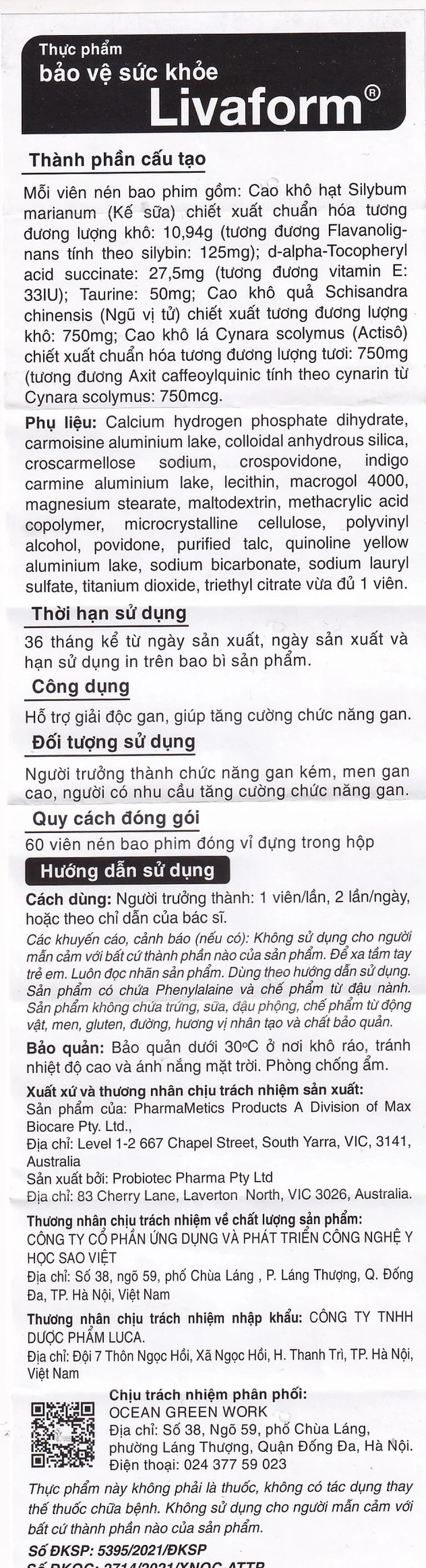 Viên uống Livaform Luca Pharma MPC hỗ trợ giải độc gan, giúp tăng cường chức năng gan (6 vỉ x 10 viên)