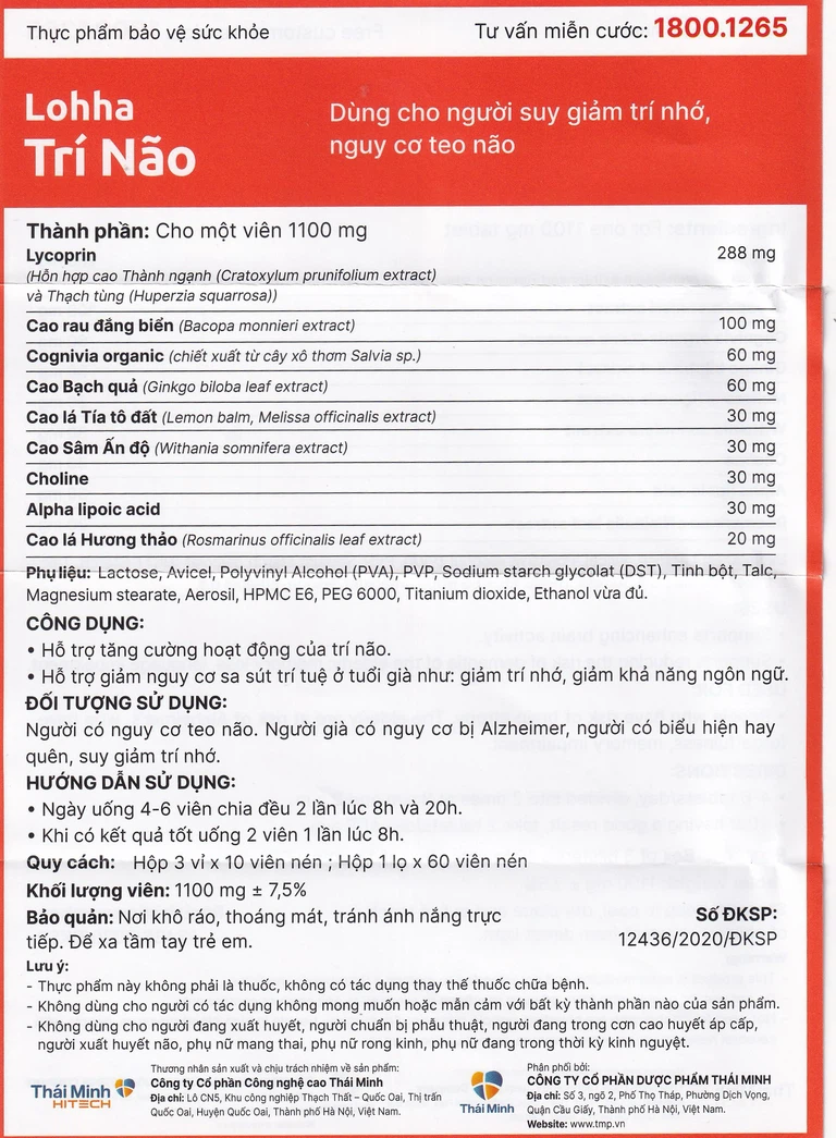 Viên uống Lohha Trí Não Thái Minh điều trị và phòng ngừa các bệnh suy giảm trí tuệ (3 vỉ x 10 viên)