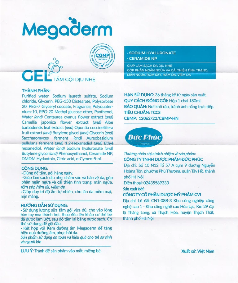 Gel tắm gội dịu nhẹ Megaderm CVI Đức Phúc Pharma làm sạch dịu nhẹ, chăm sóc và bảo vệ da (180ml)