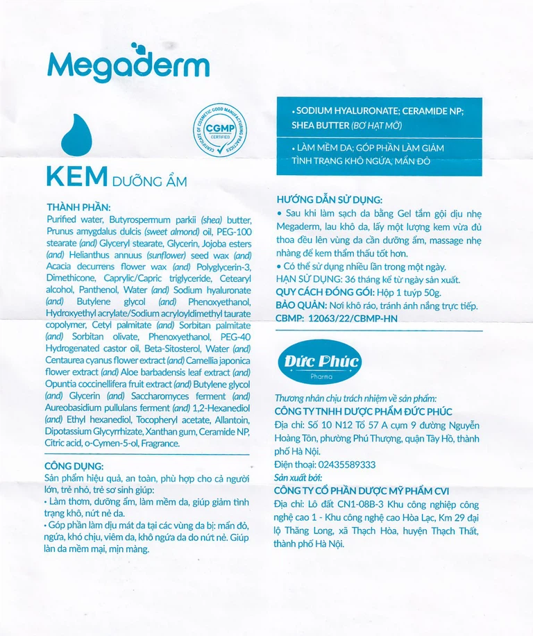 Kem dưỡng ẩm Megaderm 50g CVI Pharma dưỡng ẩm, làm mềm da, giúp giảm tình trạng khô, nứt nẻ da (1 hộp x 1 chai)