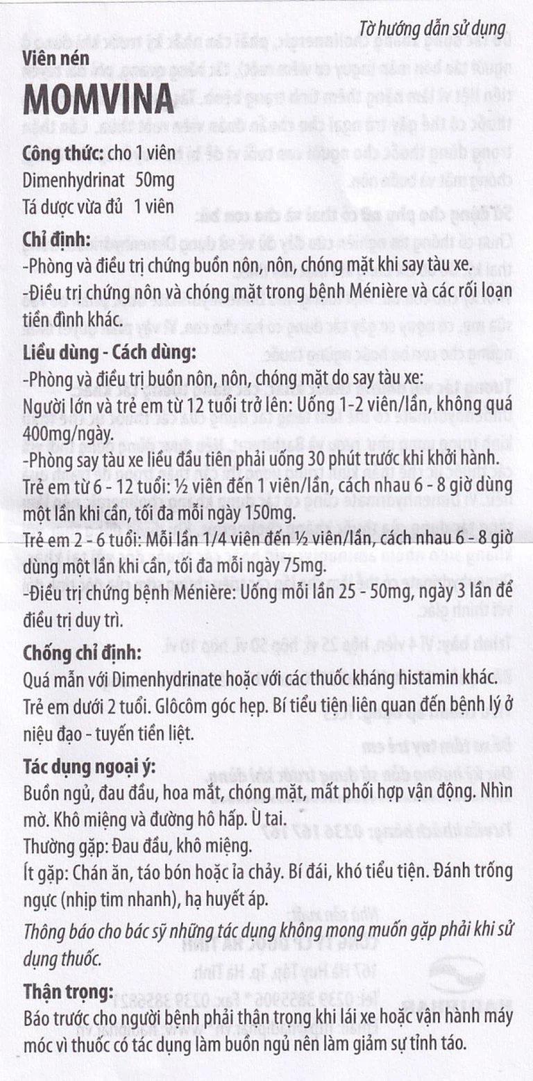 Thuốc chống say tàu xe Momvina Hadiphar điều trị chứng buồn nôn, nôn, chóng mặt (25 vỉ x 4 viên)