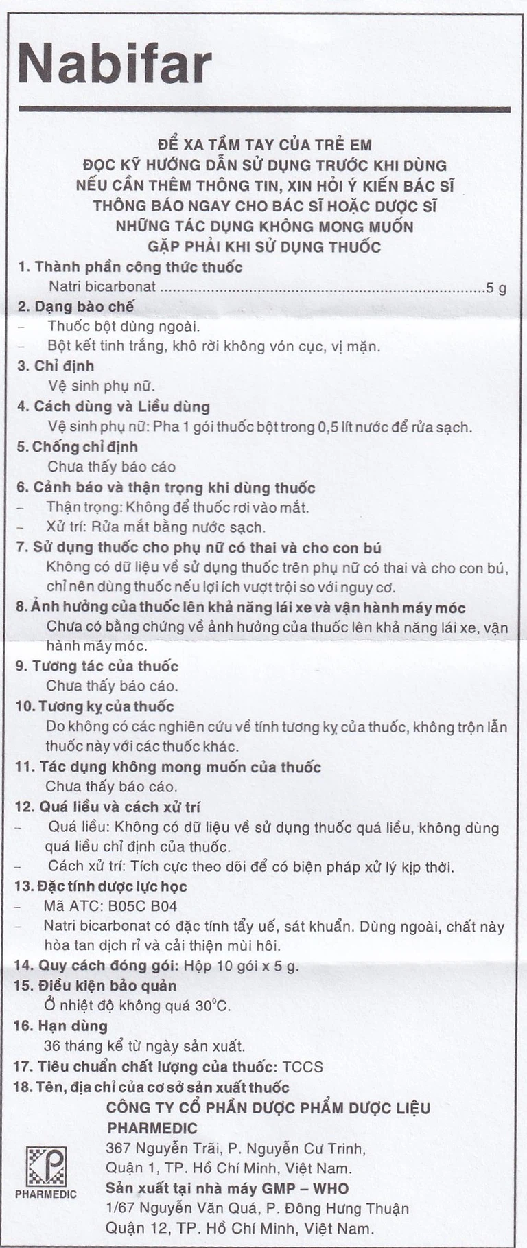 Thuốc bột Nabifar Pharmedic dùng vệ sinh phụ nữ (10 gói x 5g)